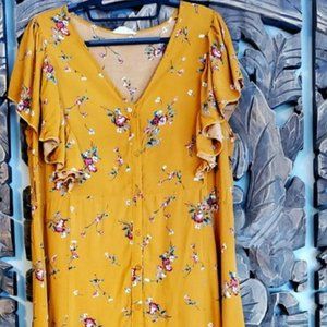 Mustard Yellow Floral Flutter Sleeve Dress